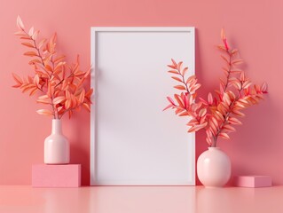 White frame surrounded by autumn leaves on red backdrop.