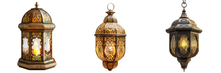 Old Style Golden Arabic Lantern Set Isolated on Transparent or White Background, PNG