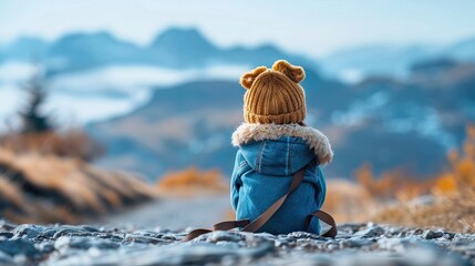 illustration of a boy with a view of mountain hills AI Generative