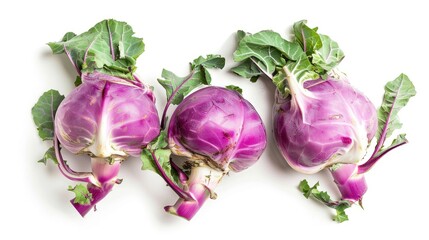 Close up top view of isolated cabbage kohlrabi on white background in flat lay composition