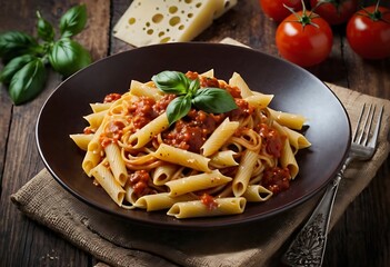 Delicious Penne Pasta with sausages, tomato sauce, parmesan cheese, basil and vegetables served