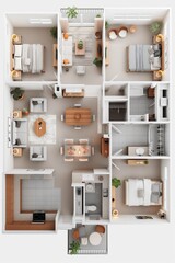 Modern apartment interior design, top view of cozy living space.