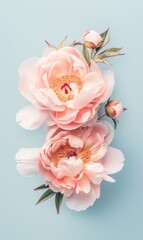 Elegant peonies with soft petals on pastel blue background.