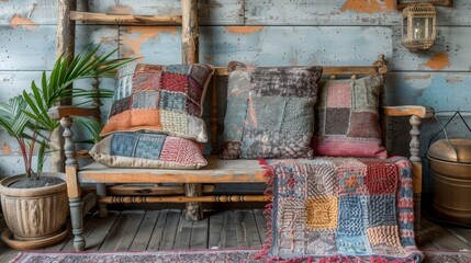 handmade home decor, rustic farmhouse living room with a wooden ladder showcasing a handmade pastel patchwork blanket, adding a touch of craftsmanship to the interior decor