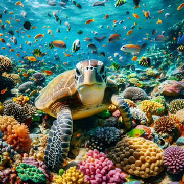 Tortuga marina buceando en el fondo del mar