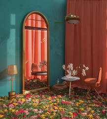 wooden door with flowers, flower mirror