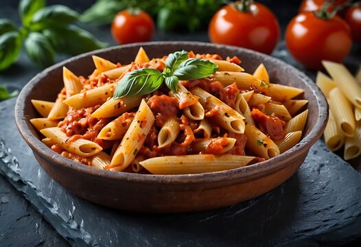 Delicious Penne Pasta with sausages, tomato sauce, parmesan cheese, basil and vegetables served