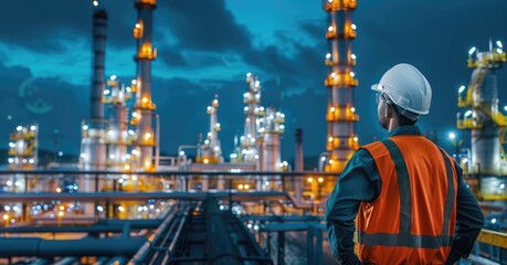 Engineer inspecting in industrial oil refinery, stand with back Industry 4.0 concept, Background blurred concept