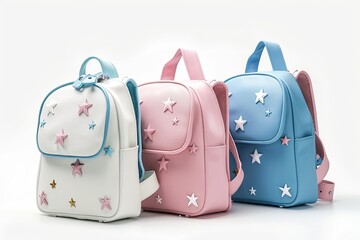 school backpack for kids, three models, white, blue, pink 