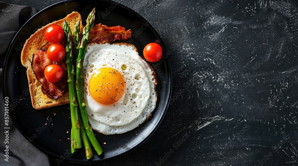 Poster overhead image of breakfast or lunch featuring fried egg toast asparagus tomatoes and bacon on black