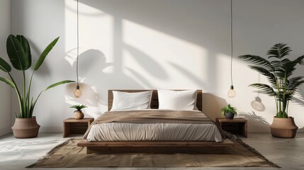 Modern bedroom with a minimalist design, including a low wooden bed with a white bedspread, two wooden bedside tables, each with a hanging pendant light above