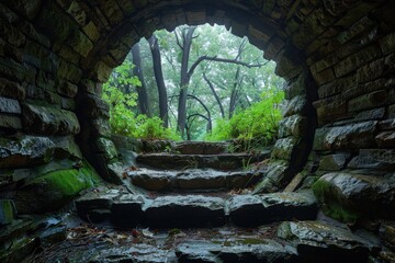 Naklejka premium A mossy stone tunnel with ancient steps leading up to a lush green forest, creating a serene and enchanting pathway that invites exploration and adventure.