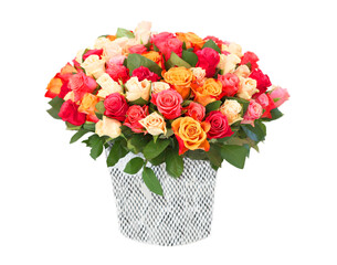 Bouquet of beautiful roses on white table against light background
