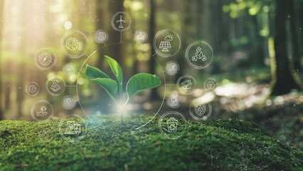 Ecological Green Energy Icons Concept Young plant springing up out of the moss soil