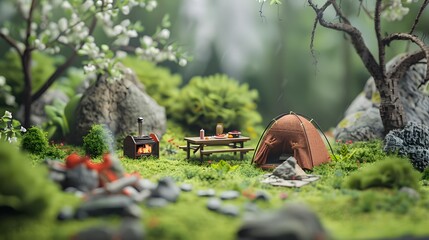 Obraz premium Spring felt camping landscape illustration poster background