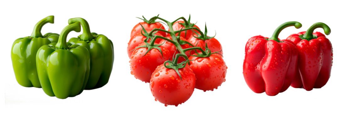 vegetales y hortalizas  aislado en blanco.
Tomates, pimientos verdes y rojos