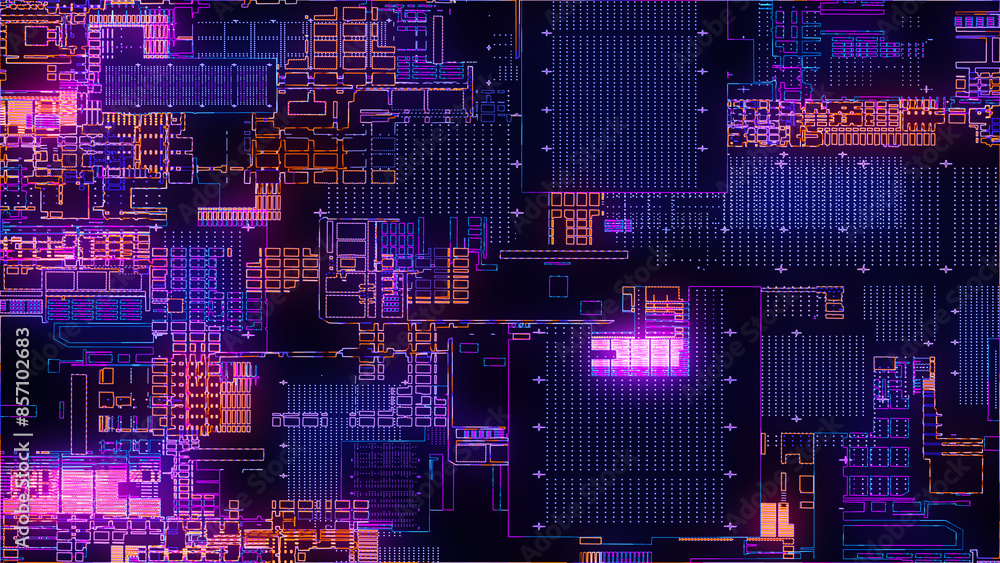 Poster printed circuit board. visualization of advanced technology concept: pcb processor microchip, digiti