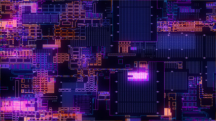 Printed circuit board. Visualization of advanced technology concept: PCB processor microchip, digitization of neural networks and cloud computing. Digital lines transmit data. Electronic computer