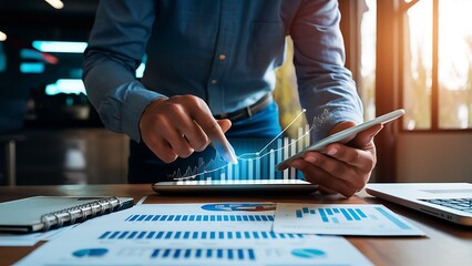 Business intelligence analyst dashboard on virtual screen. Big data Graphs Charts. Businessman analyze and visualize complex information on a virtual screen using AI to process data.