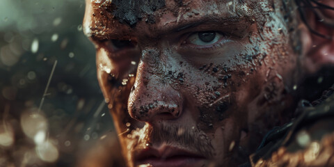 Intense Mud Covered Man in Rainy Battle Scene Demonstrates Raw Determination