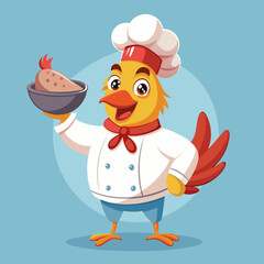 a-chicken-in-a-chef-s-coat-is-holding-a-food-bowl