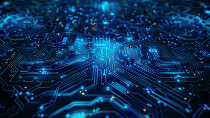 Fototapeta premium Abstract blue glowing circuit board background with copy space at center for your text logo or products. Perfect for Artificial Intelligence Technology Crypto Currency concept. 