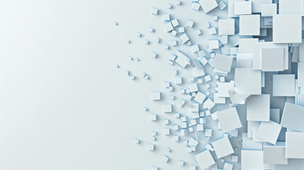 White background with a little sky blue pixel blocks on the right side, a 3D realism style and simple lines and shapes, business and technology background