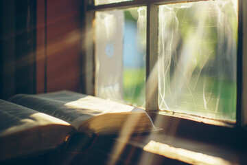 Warm Sunlight and Open Book by a Rustic Window