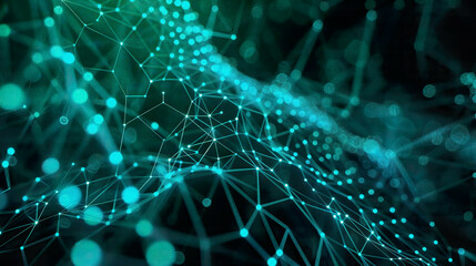 Abstract digital representation of blockchain technology neon blue and green patterns intricate network futuristic background 