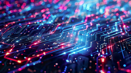 Obraz premium Abstract glowing digital circuit background with blockchain and cryptocurrency concept. 