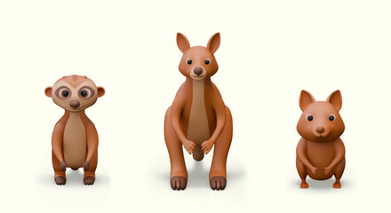 Set of brown wild animals. Meerkat, kangaroo, quokka. Vector models, front view