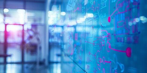 Futuristic Office Whiteboard with Technology Schematics and Planning Diagrams