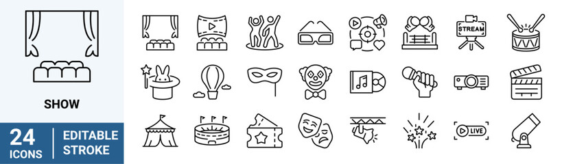 Show web line icon set. Containing entertainment, stage, spotlight, cinema, ticket, magician, concert, event, circus and more.