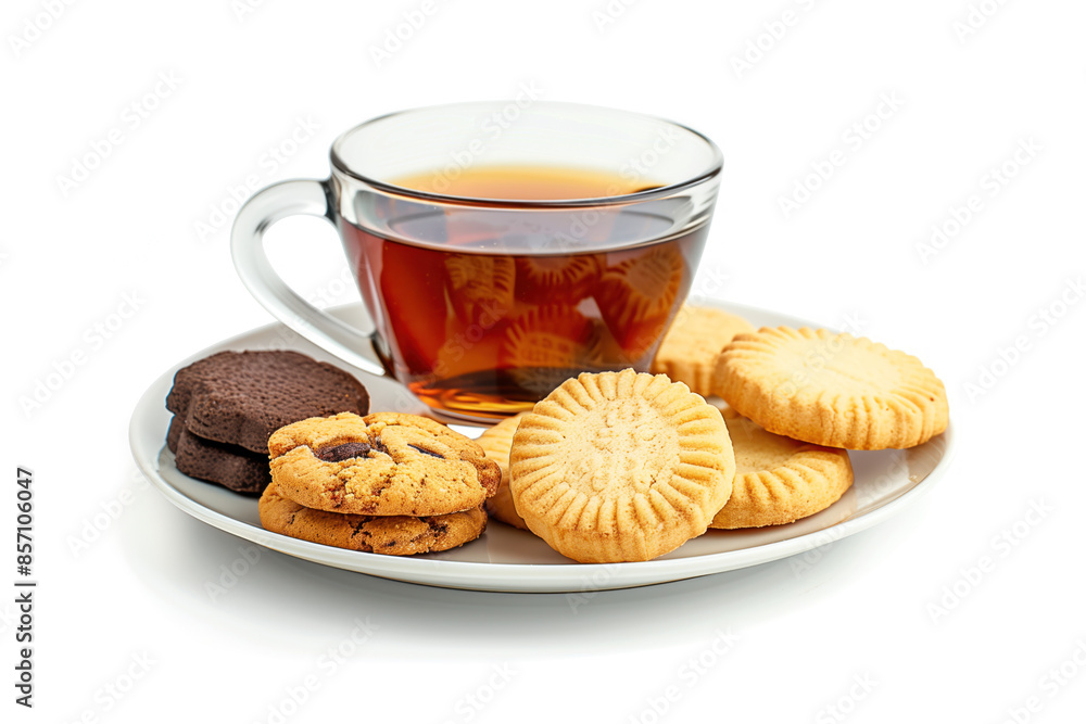 Poster cookies and a cup of tee on a plate isolated on a white background. created with generative ai techn