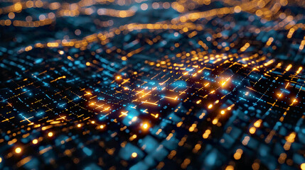 Blockchain information flows in digital global networks 3D illustration of data cells with binary code elementsglowing network paths dark futuristic background 