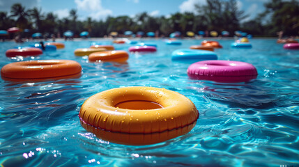 Colorful swim rings in a pool.