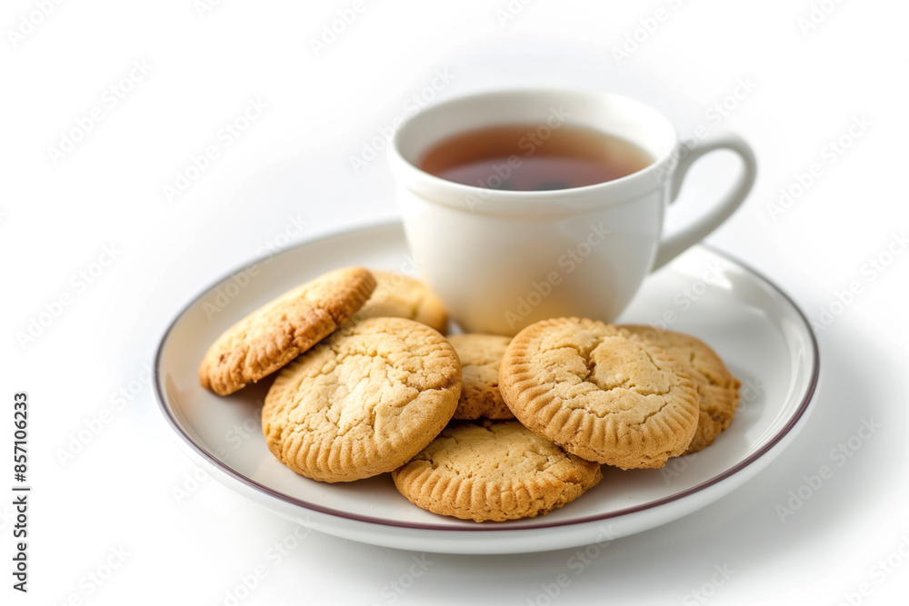 Poster cookies and a cup of tee on a plate isolated on a white background. created with generative ai techn