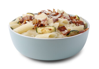 Tasty pasta with bacon and cheese isolated on white