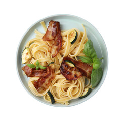 Tasty pasta with bacon and basil isolated on white