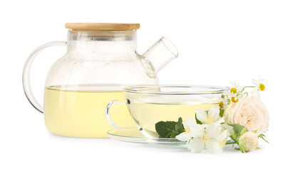 Aromatic herbal tea with different flowers and mint isolated on white