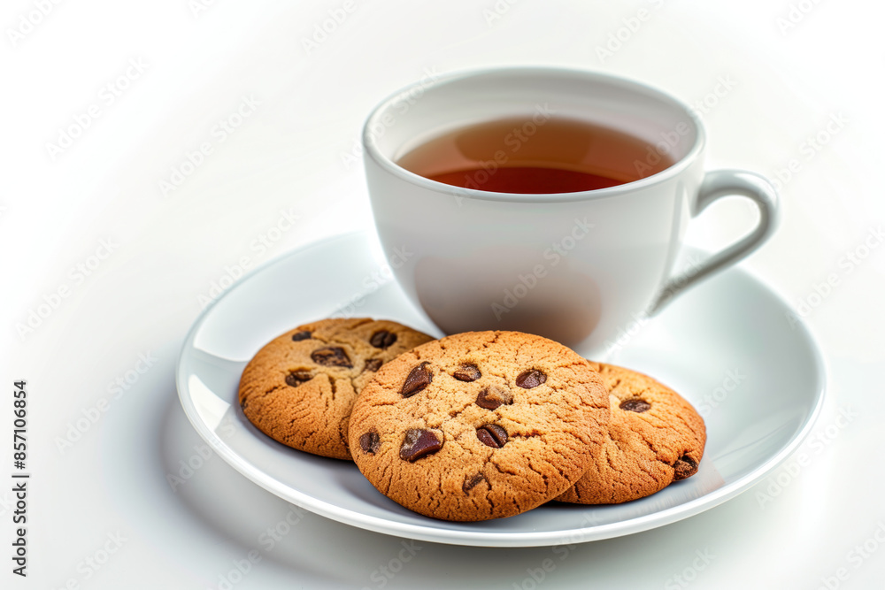 Poster cookies and a cup of tee on a plate isolated on a white background. created with generative ai techn