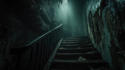 Staircase leading to a dimly lit basement with a tattered wall creating an eerie ambiance
