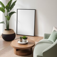 Mockup poster frame leaning against the white wall, interior mockup design, frame mockup