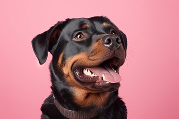 Obraz premium Portrait of a funny rottweiler while standing against solid pastel color wall