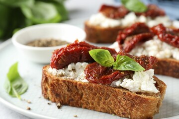 Delicious ricotta bruschetta with sun dried tomatoes, basil and milled pepper on light table, closeup