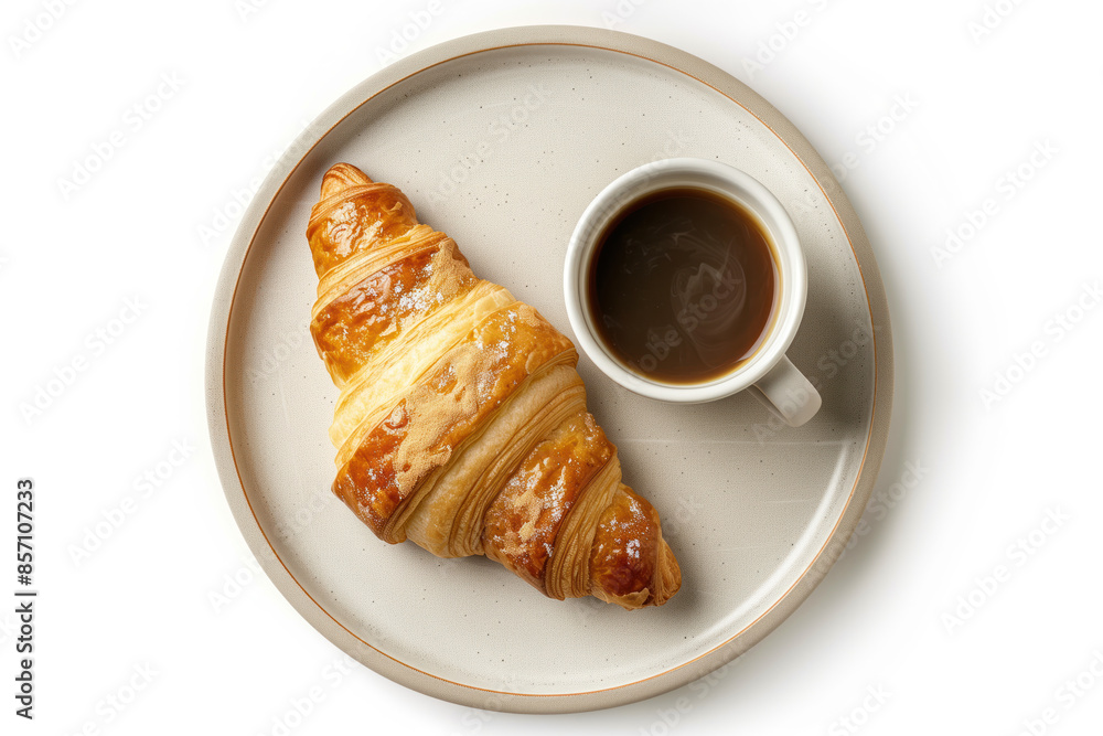 Poster croissant and a cup of coffee on a plate isolated on a white background. top down view. created with