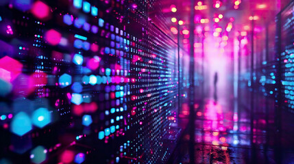 Blockchain technology in a neon-lit environment high-tech feel 