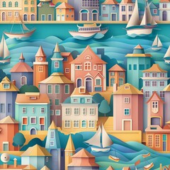Fototapeta premium Colorful illustration of Porto cityscape with boats and buildings.