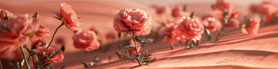 Surreal Pink Desert with Blooming Roses Under Sunlit Sky Art Print