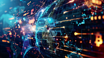 Obraz premium Blockchain technology on a futuristic HUD interface world globe and polygon peer-to-peer network global cryptocurrency fintech business conceptluminous digital elements 